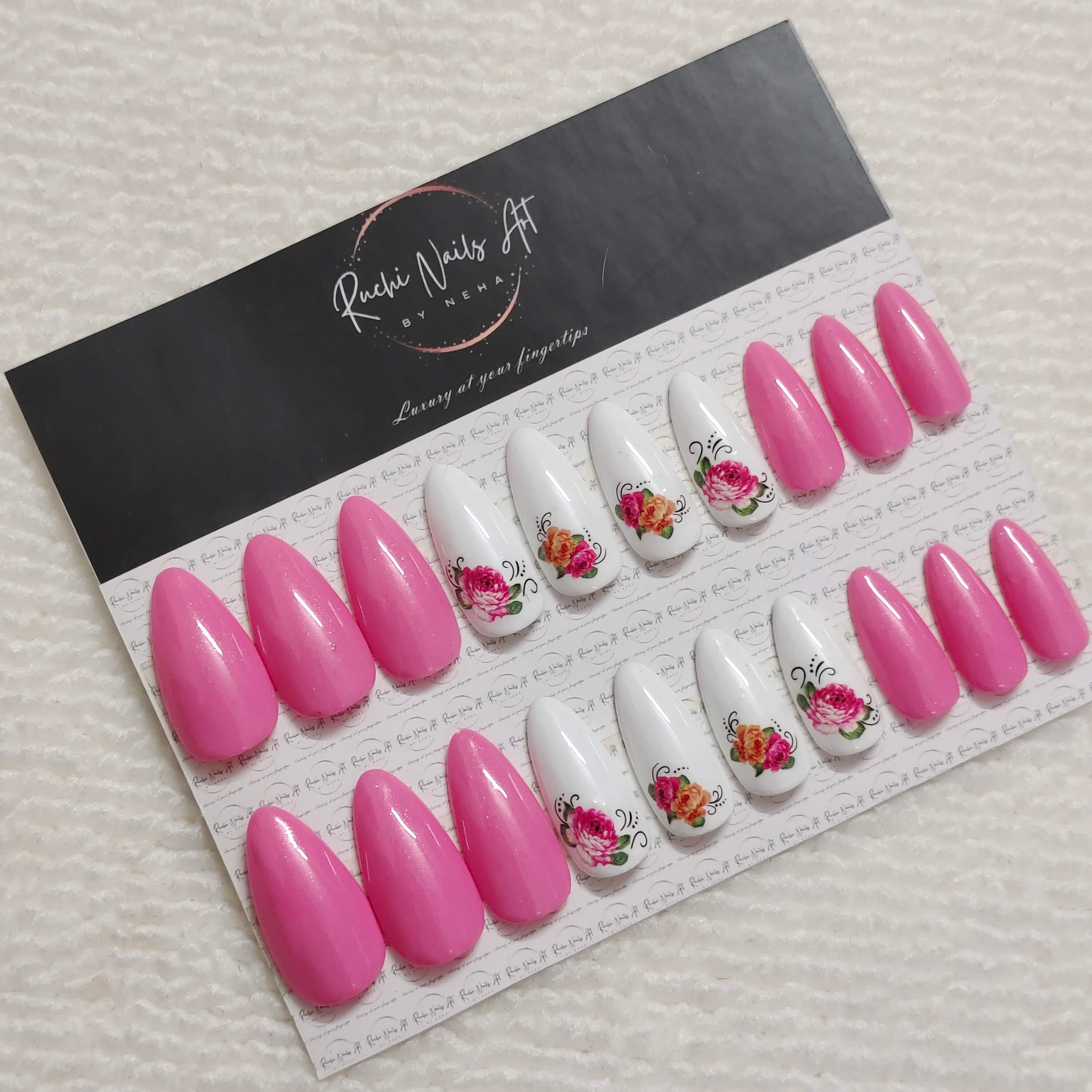 Premium Handmade Press on Gel Nails | Pink & White Floral-2