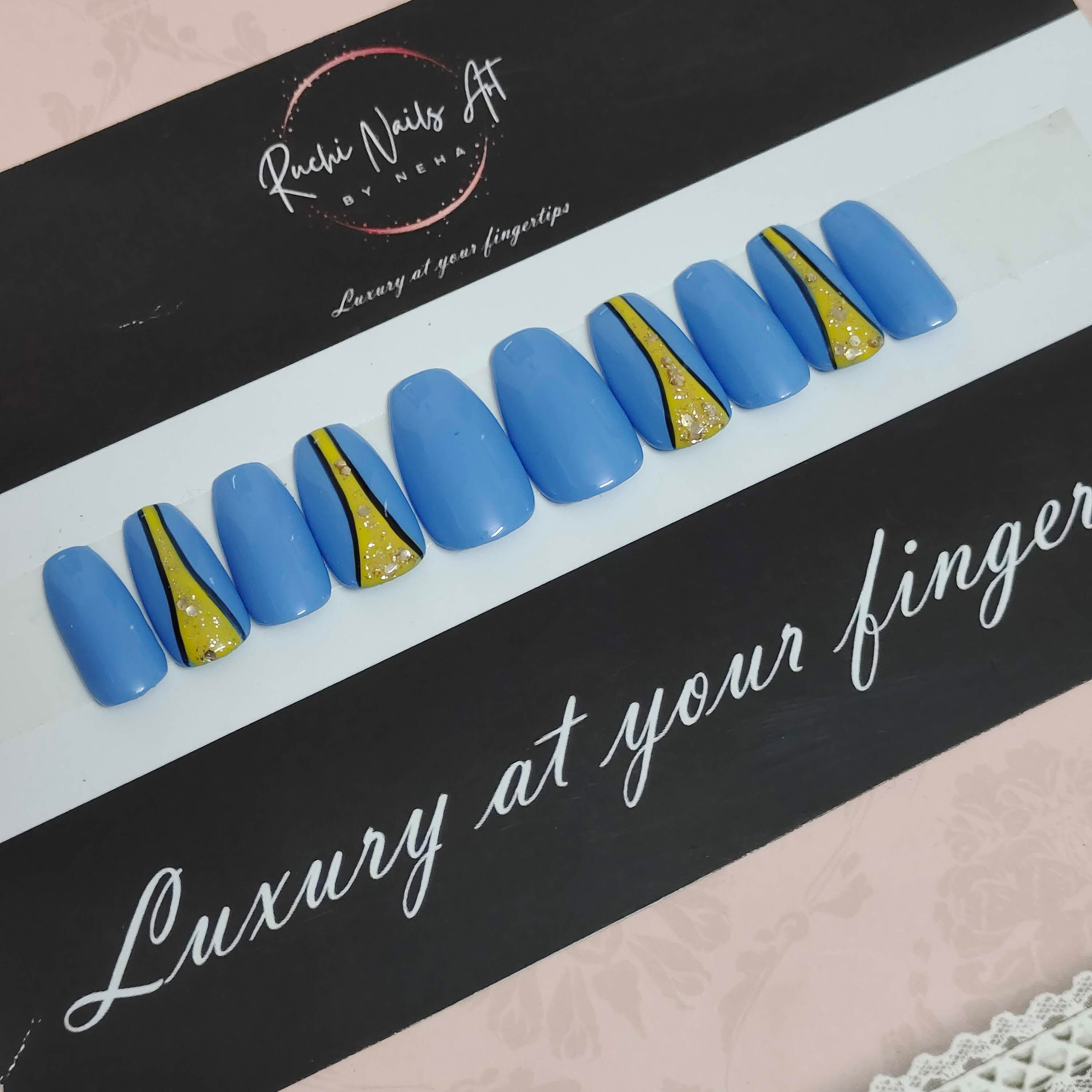 Premium Handmade Press-On Gel Nails Sky Blue & Yellow Glitter