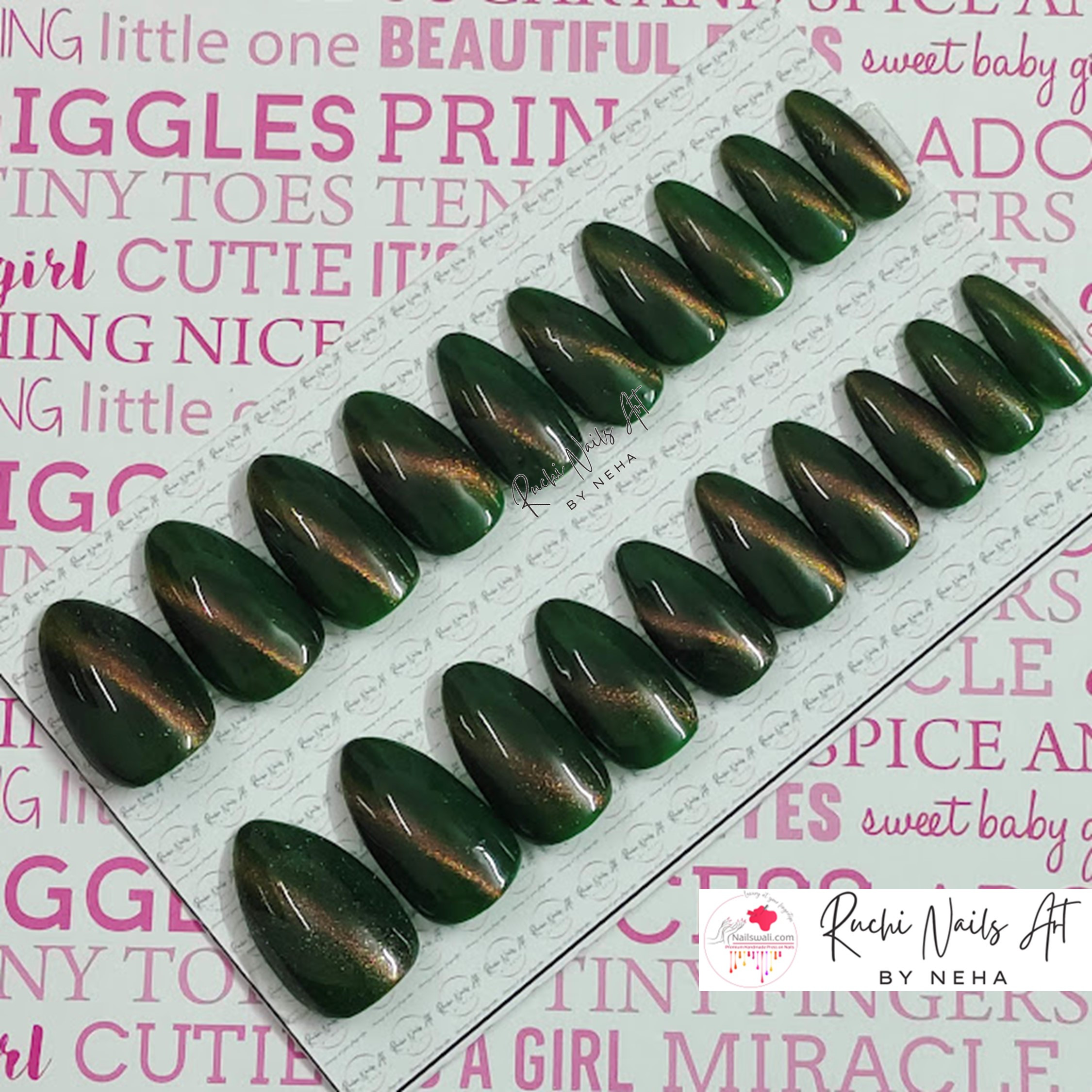 Premium Handmade Press on Gel Nails | DARK GREEN | OLIVE COPPER MAGIC CATEYE