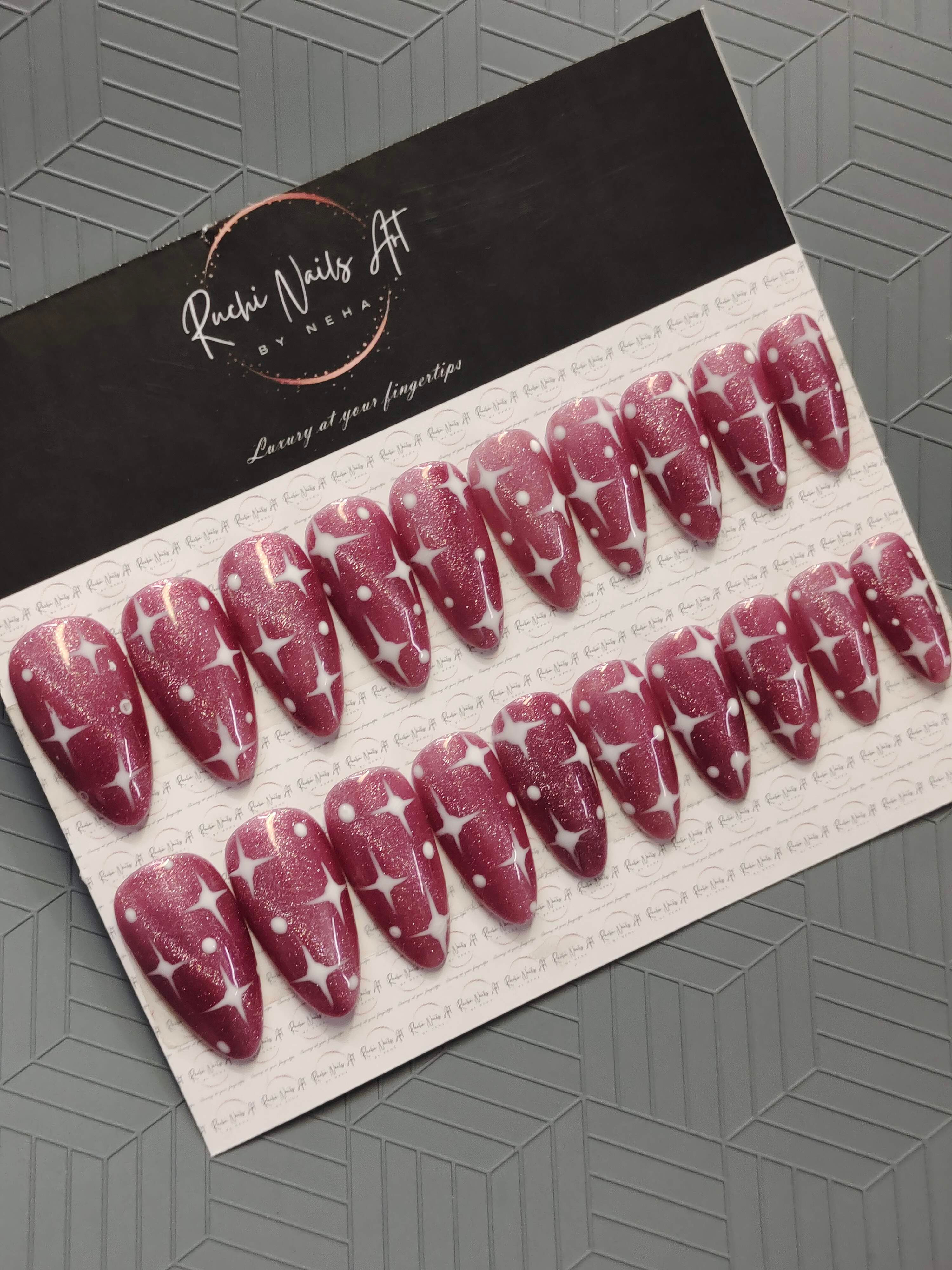 Premium Handmade Press on Gel Nails | Light Wine with Stars