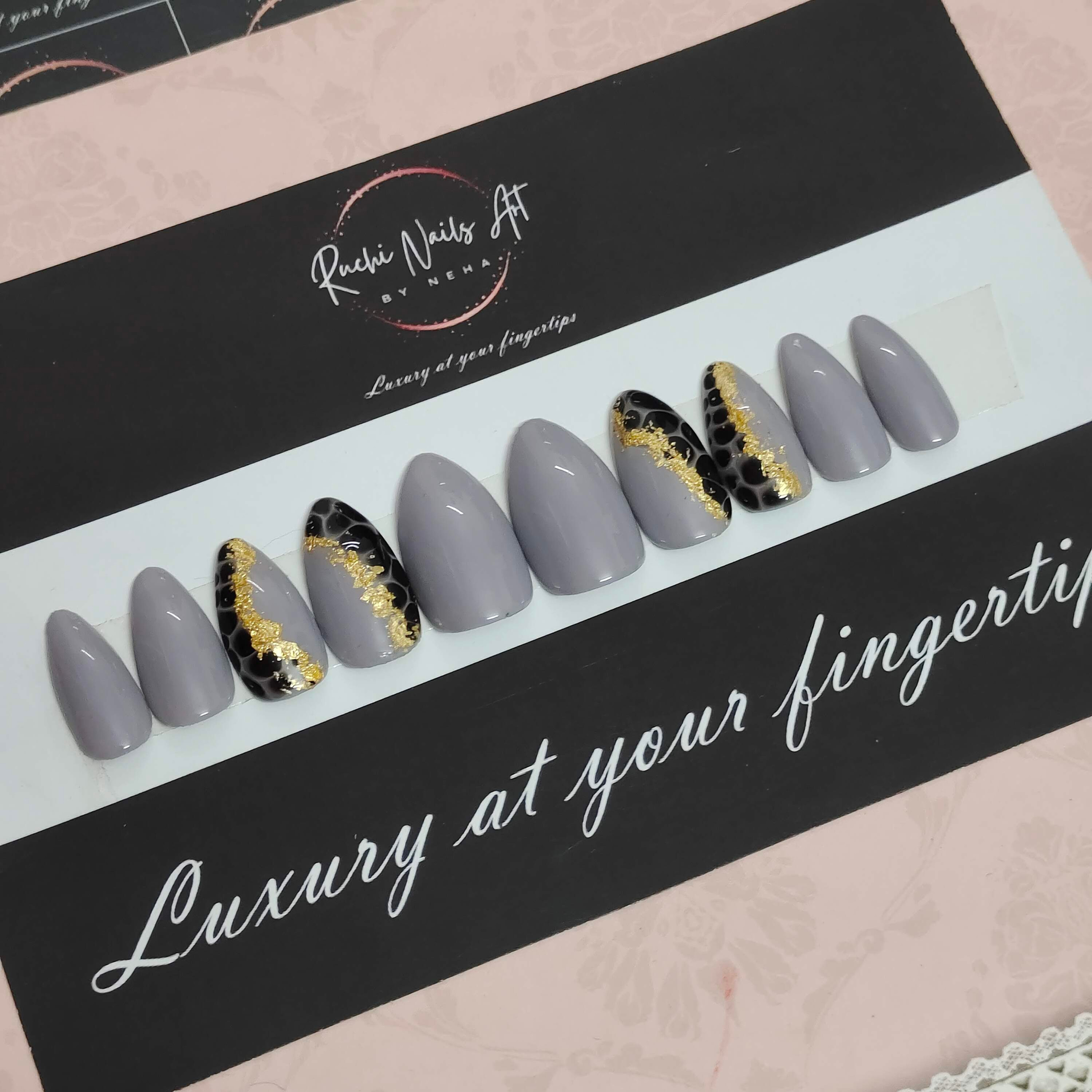 Premium Handmade Press on Gel Nails | Grey & Black with Golden Foil