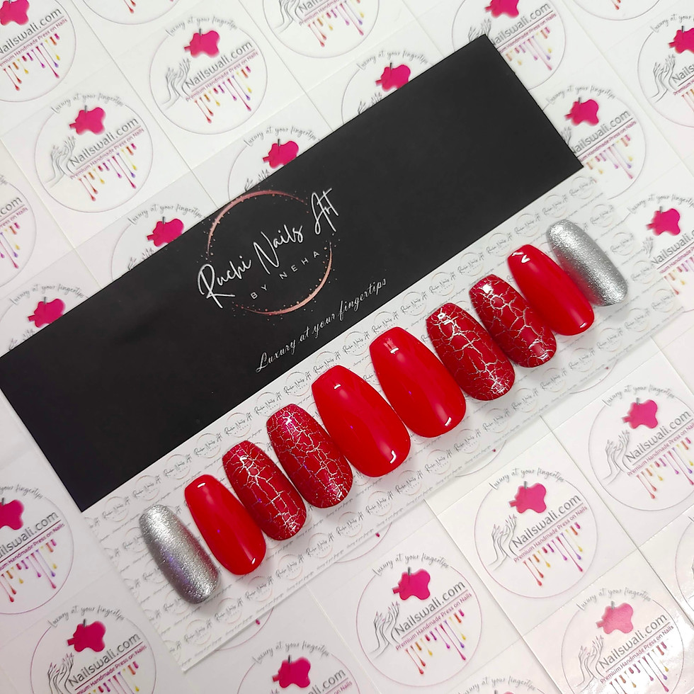 Thumbnail: Premium Handmade Press-On Gel Nails Red & Silver Crack Design