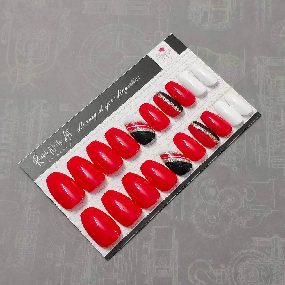 Thumbnail: Premium Handmade Press-On Gel Nails Red Black & White