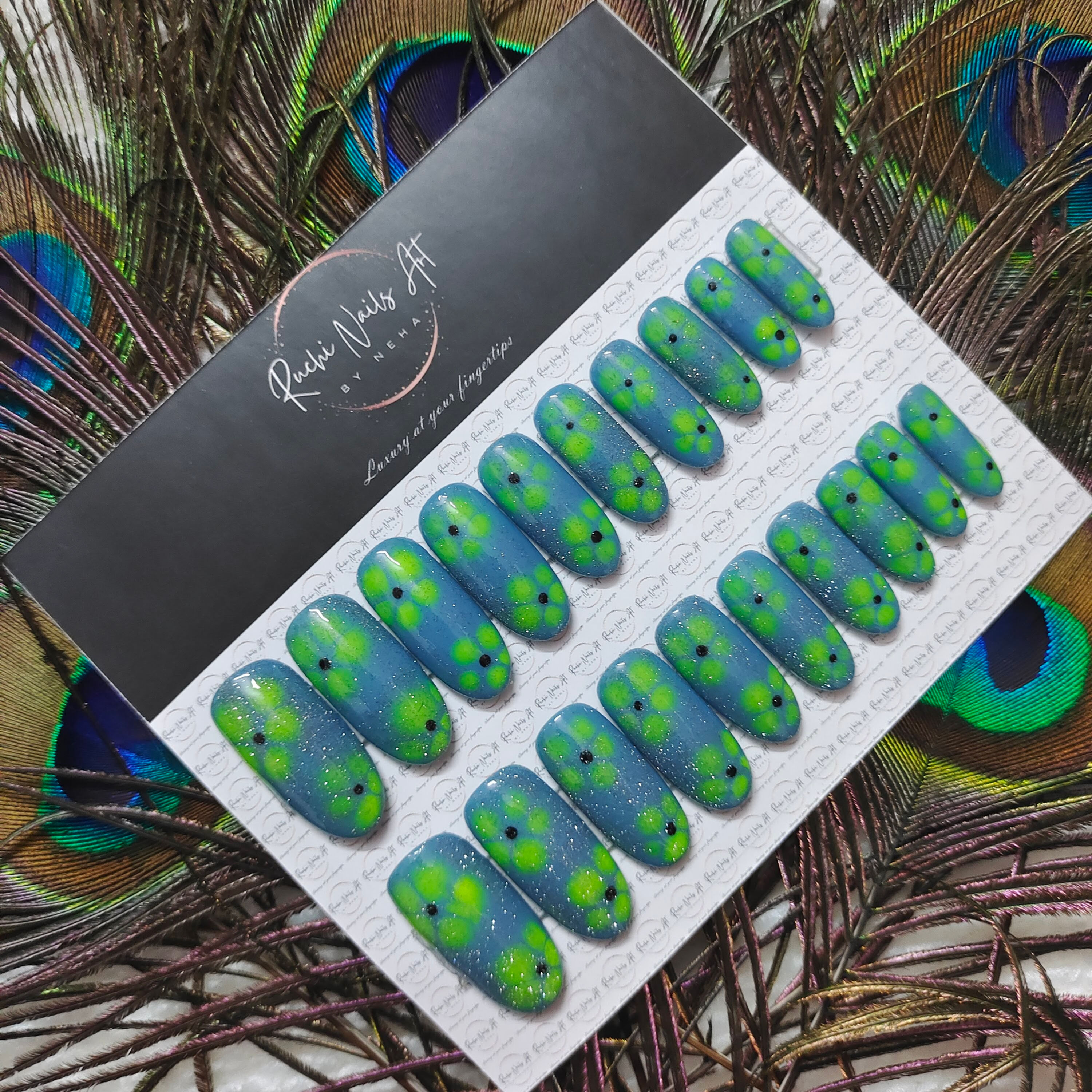 Premium Handmade Gel Nails | Blue Green Floral