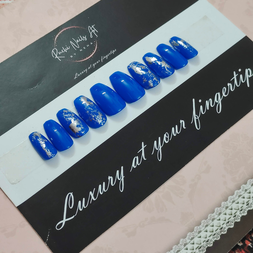 Thumbnail: Premium Handmade Press-On Gel Nails Royal Blue & Silver Foil