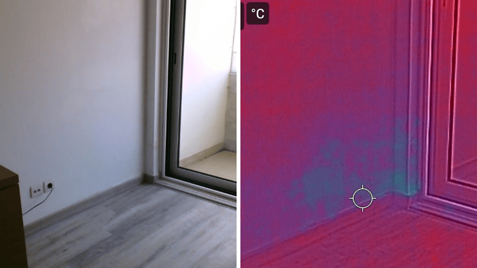 Interior wall near a sliding door showing subtle signs of possible damp in a Portugal property.
