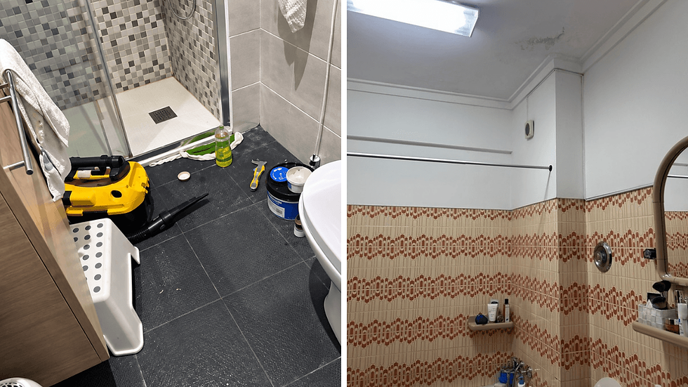 Upstairs shower and tiled floor beside a downstairs bathroom ceiling showing water damage during a shower leak investigation.