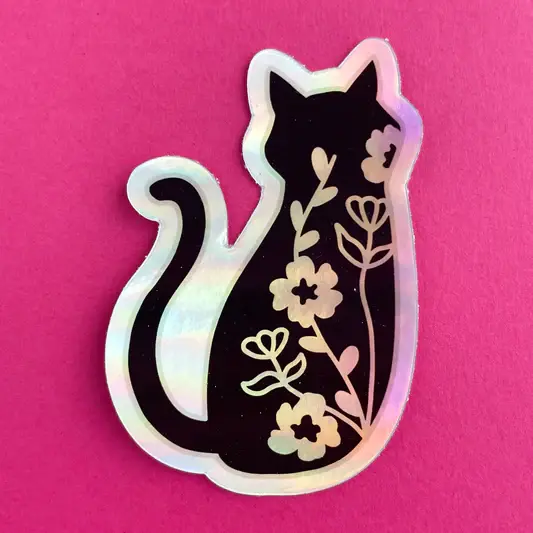 Kitty With A Cupcake Floral Familiar Holographic Sticker