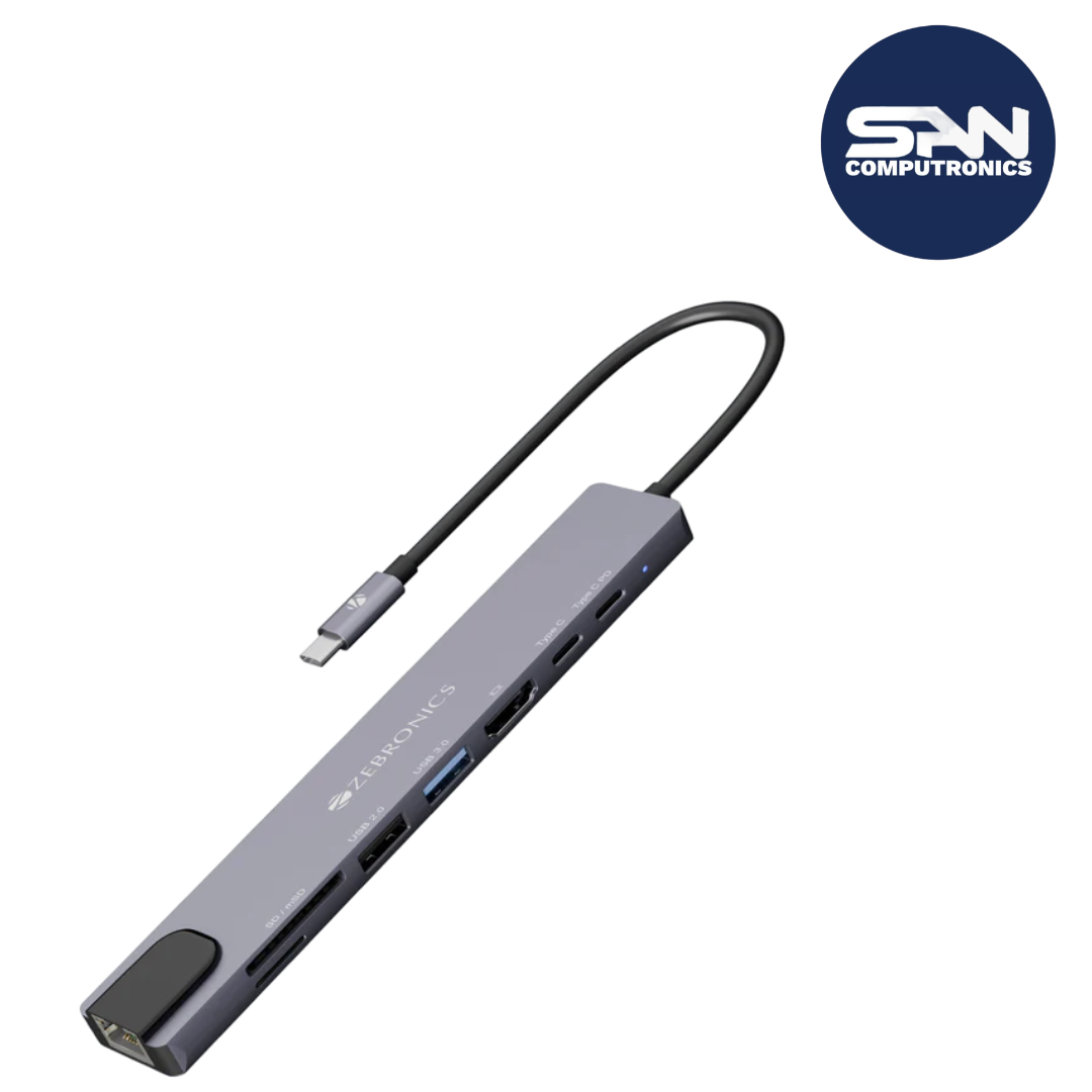 ZEBRONICS CT81, 8 in 1 Multiport HUB, 4K HDMI, 100 Watts PD Charging, USB 3.0, 2X Type C, 2X USB, SD, mSD, RJ45, Compact Meta