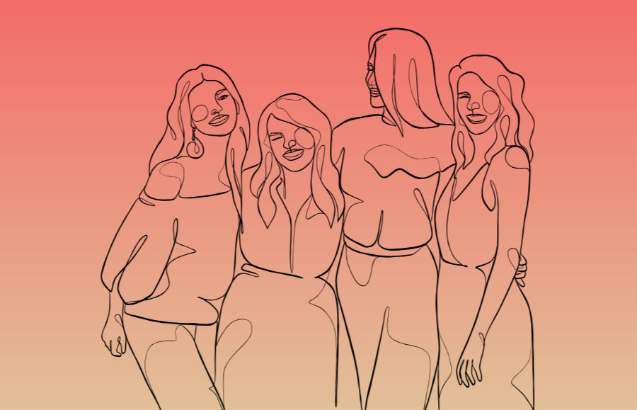 line drawing of four women standing with arms around each other