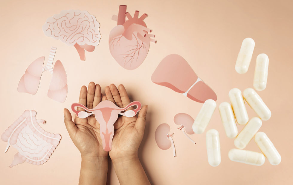 image of two hands holding a picture of uterus and ovaries, surrounded by images of organs and scattered white supplement capsules
