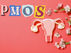 Image of uterus and ovaries with PMOS spelt out in magazine cut out letters, and some flowers in the background