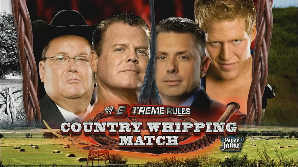 match card graphic for jerry lawler and jim ross vs michael cole and jack swagger in a country whipping tag team match at wwe extreme rules 2011