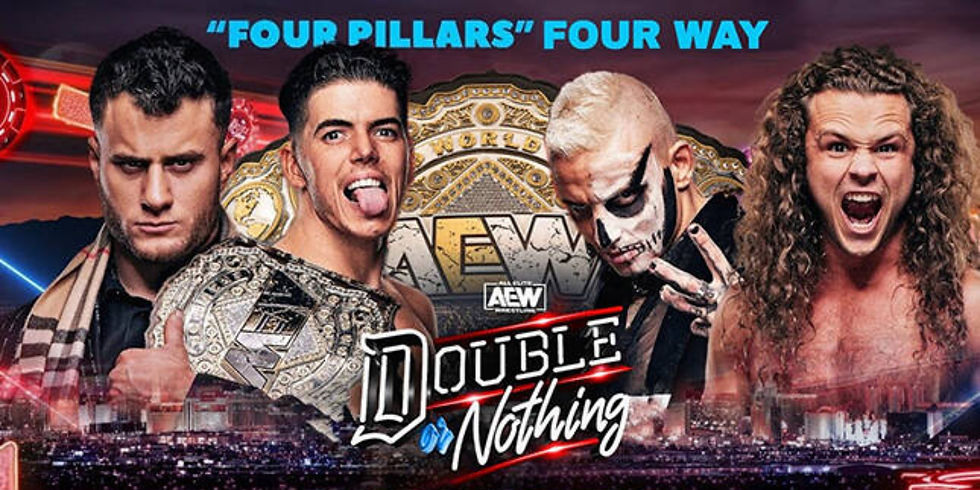 Official AEW match card graphic design for MJF vs Darby Allin vs Sammy Guevara vs Jungle Boy Jack Perry in a Fatal 4 Way Match between AEW's four pillars for the AEW World Championship at AEW Double or Nothing 2023