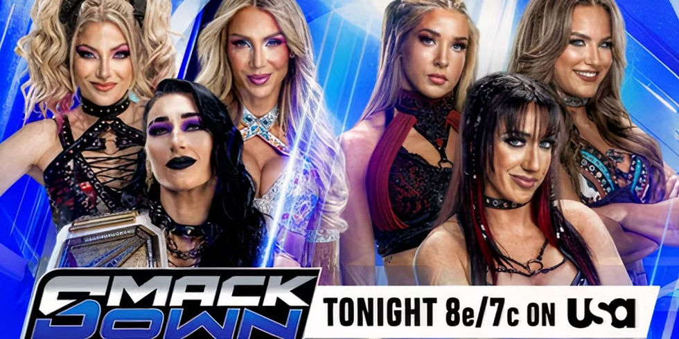 match card graphic for Fatal Influence vs Rhea Ripley, Charlotte Flair & Alexa Bliss on the May 8 2026 episode of WWE Friday Night SmackDown