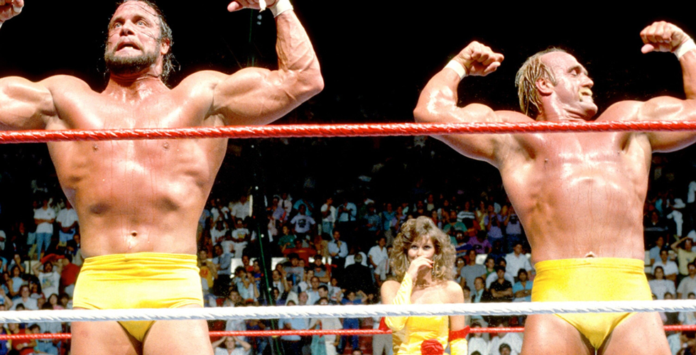 The Mega Powers (Hulk Hogan & Macho Man Randy Savage) celebrate their victory in the main event of WWF aka WWE SummerSlam 1988