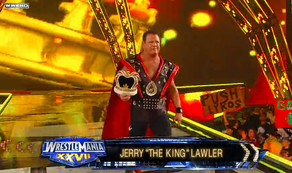 jerry the king lawler makes his entrance at wwe wrestlemania 27