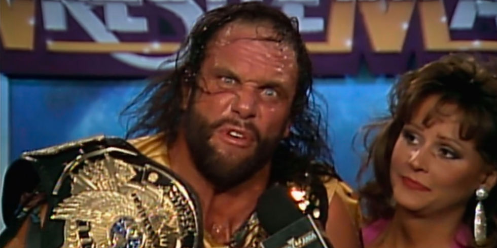Macho Man Randy Savage cutting a promo backstage at WrestleMania 8 after winning the WWF Championship from Ric Flair with Miss Elizabeth by his side