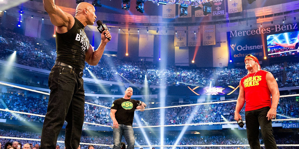 hulk hogan, the rock and stone cold steve austin at wwe wrestlemania 30