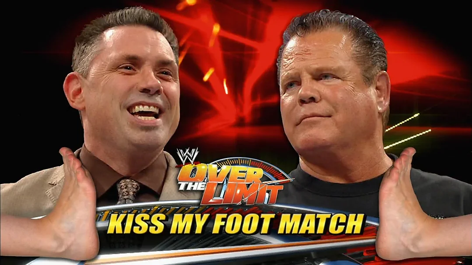 match card graphic for jerry lawler vs michael cole in a kiss my foot match at wwe over the limit 2011
