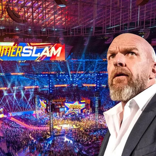 Picture of Triple H looking worried with the WWE SummerSlam arena in the background