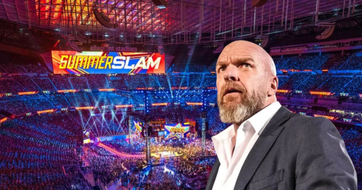 Picture of Triple H looking worried with the WWE SummerSlam arena in the background
