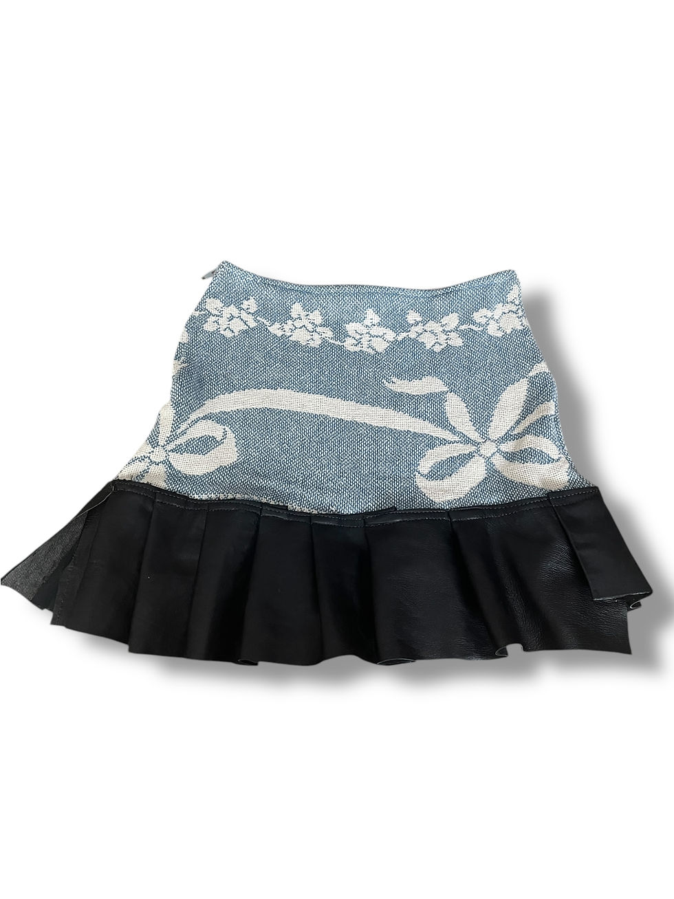 Thumbnail: Baby blue and white bow tapestry skirt with leather pleats 