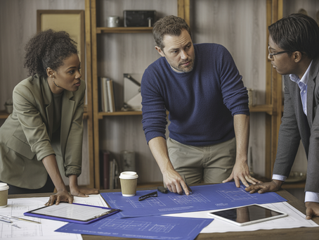 A group of professionals reviewing technical drawings together around a table, representing collaboration, oversight, and shared responsibility in managing supply chain risk.