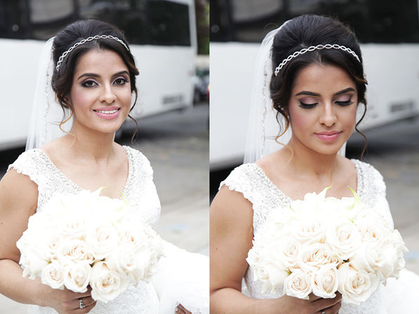 Bridal updo with volume and soft smokey eyes and natural lips for a beautiful bride in Queens NY.