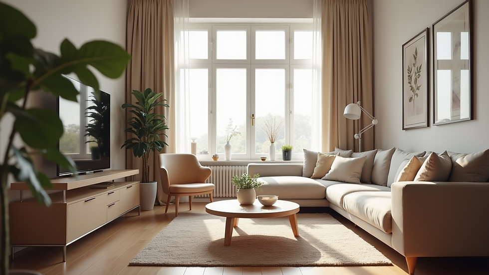 Eye-level view of a modern living room with natural light and cosy furniture