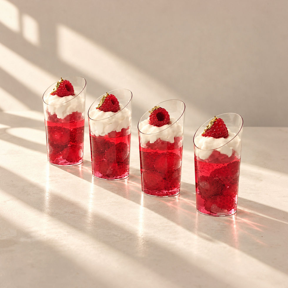 Set de 4 Framboise Jelly d’Or Shot decorativos artesanales con frambuesa y buttercream falso