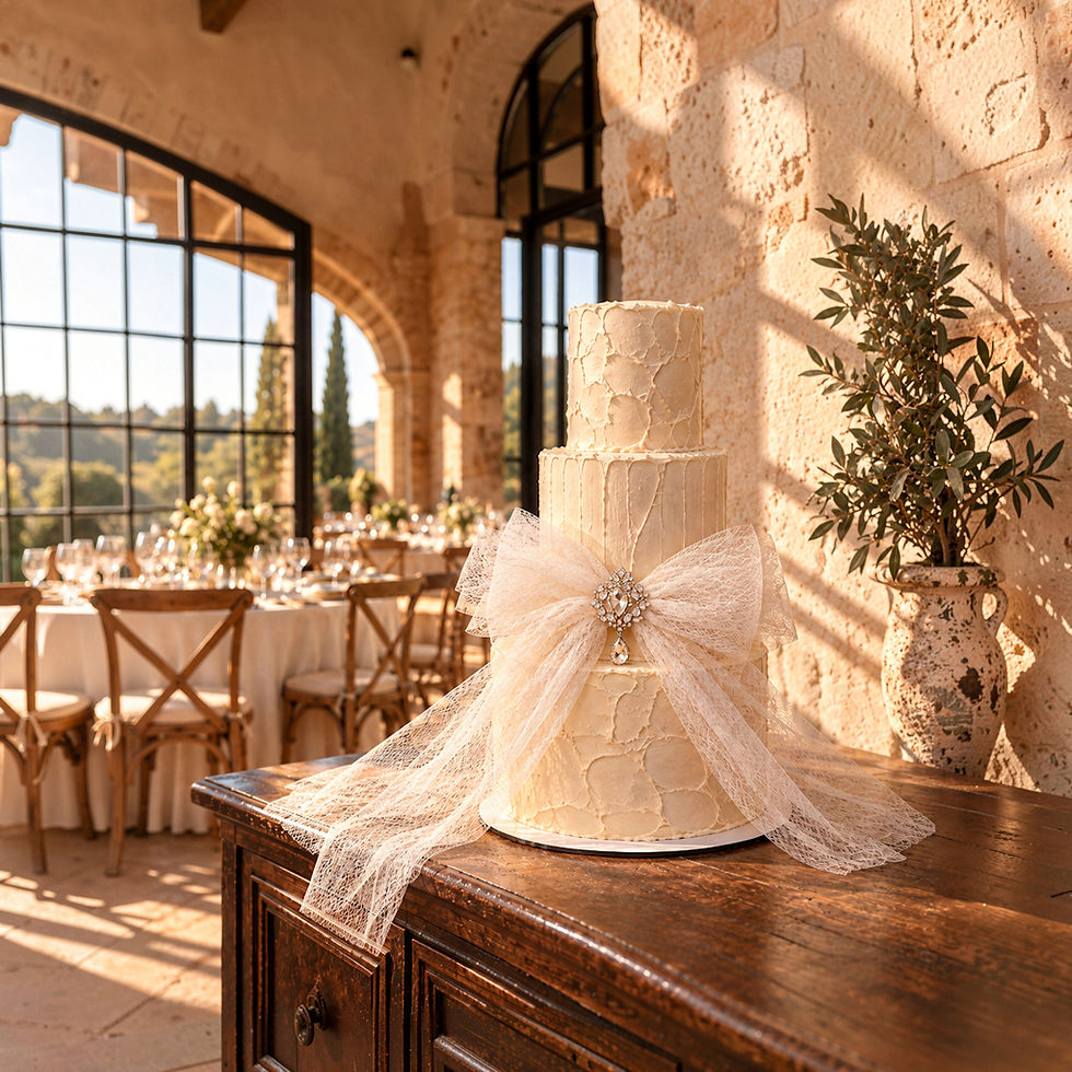 Pastel de boda Wedding Deluxe de tres pisos, con lazo de tul y broche de cristales, presentado en un espacio de celebración