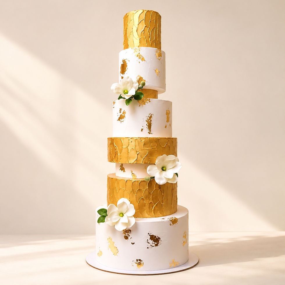 Miniatura: Vista frontal de La Grande Dame, pastel de boda decorativo de 101 cm con ocho pisos, acabados dorados y magnolias blancas.