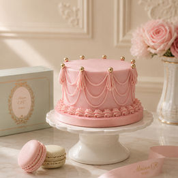 Pastel decorativo rosa de estilo francés con guirnaldas, detalles dorados y macarons, presentado en una elegante escena de pastelería.