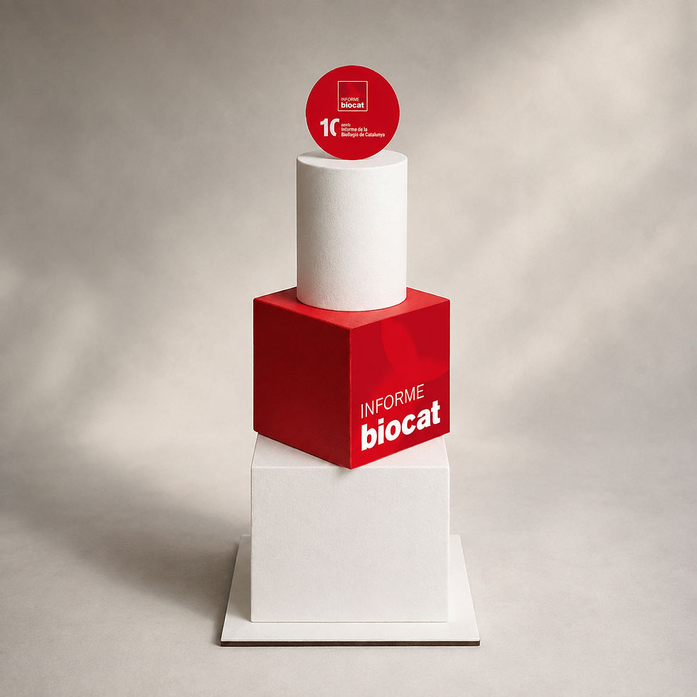 Fake cake corporativo Corporate Cube personalizado para Biocat, en blanco y rojo, con estructura geométrica de tres cuerpos y