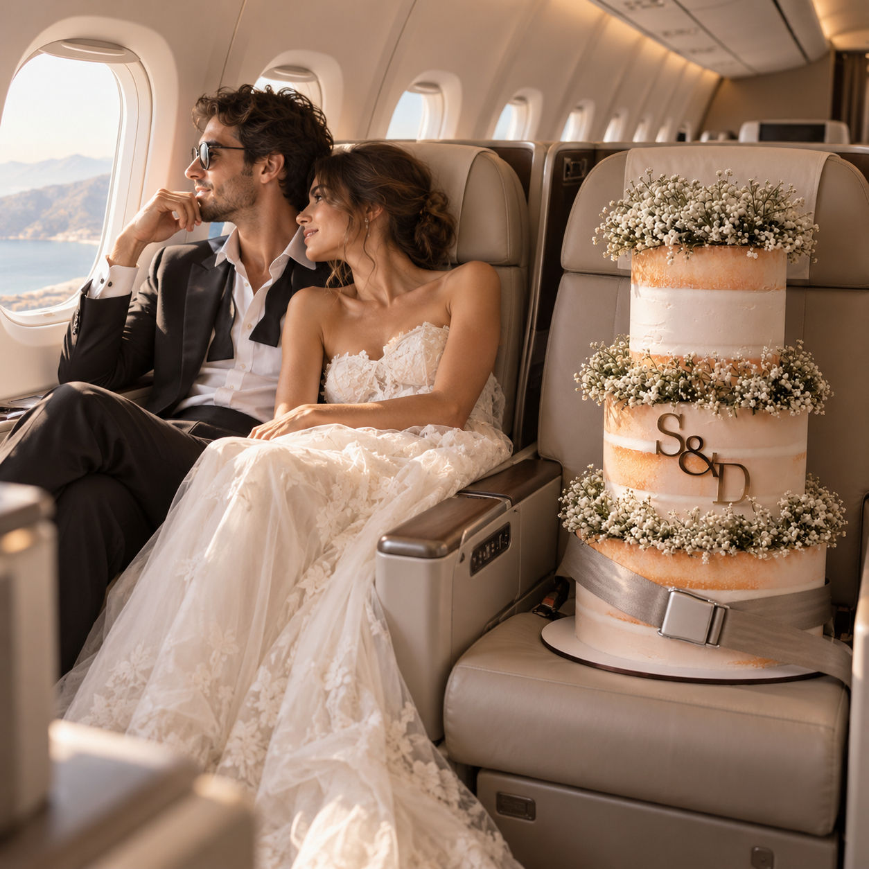Novios recién casados viajando en avión junto al fake cake de boda Maison Fleur, colocado en su propio asiento con cinturón