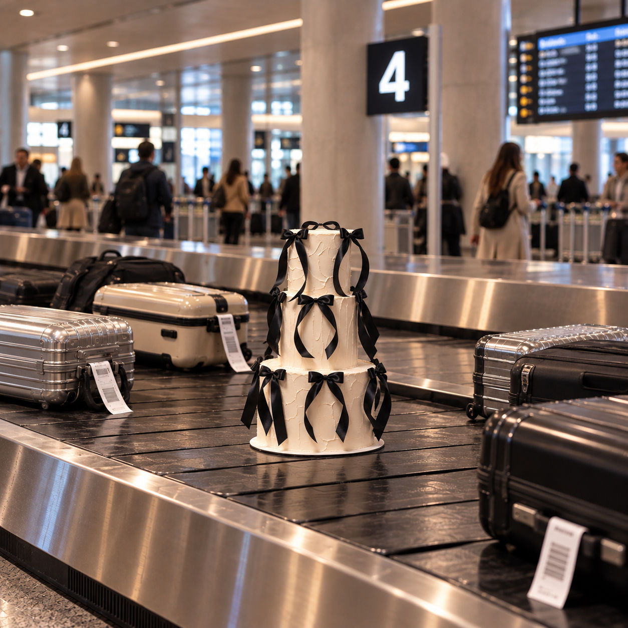 Fake cake Noir Coquette de tres pisos con lazos negros sobre una cinta de recogida de equipajes de aeropuerto, rodeado de mal
