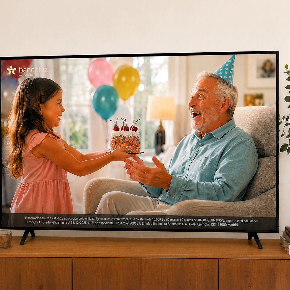 Sprinkles Delight Fake Cake apareciendo en un anuncio de televisión, sostenido por una niña que se lo entrega a su abuelo dur