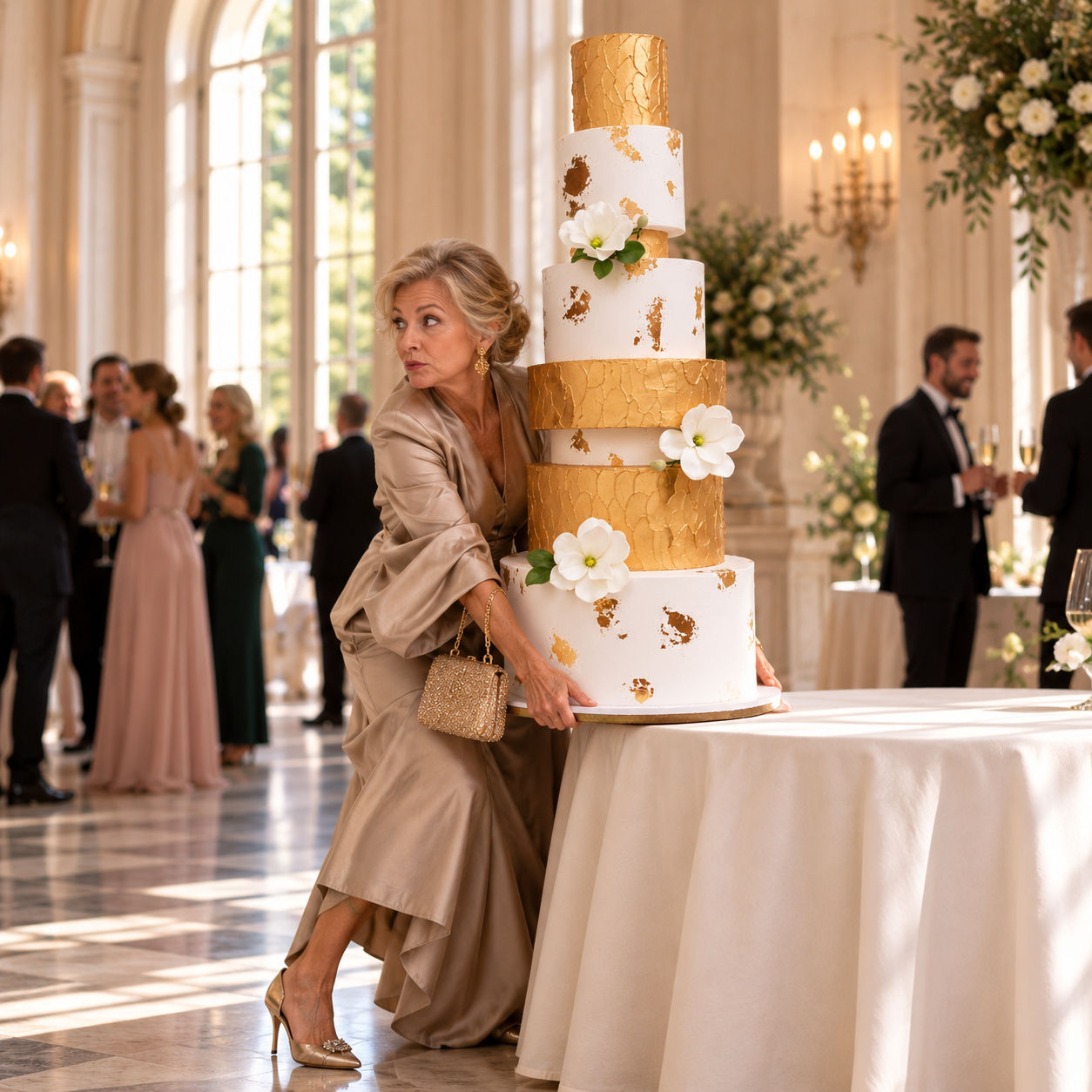 La Grande Dame, fake cake de boda de ocho pisos en blanco y oro, presentado en una celebración elegante.