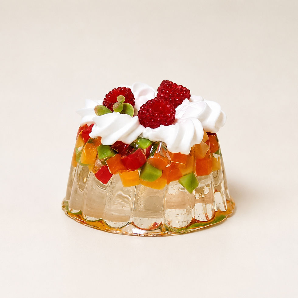 Gelatina decorativa Jelly con acabado translúcido y frutas suspendidas