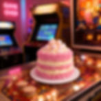 Marshmallow Ruffle Cake sobre una máquina de pinball en una sala recreativa retro iluminada con luces de neón.