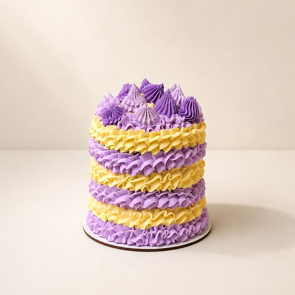 Lavender Whimsy Cake fake cake decorativo con volantes en tonos lavanda y mantequilla sobre fondo crema.