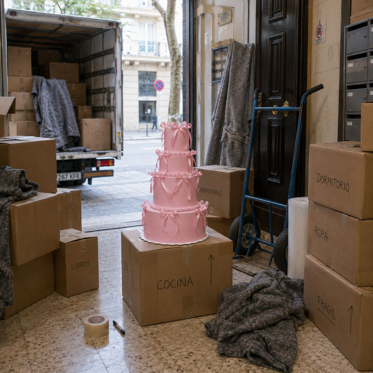 Pastel falso rosa de cuatro pisos colocado sobre una caja de cartón durante una mudanza, rodeado de cajas, mantas de transpor