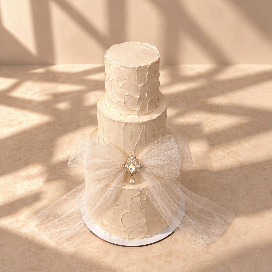 Miniatura: Vista en picado del fake cake Wedding Deluxe, con tres acabados artesanales de falso buttercream