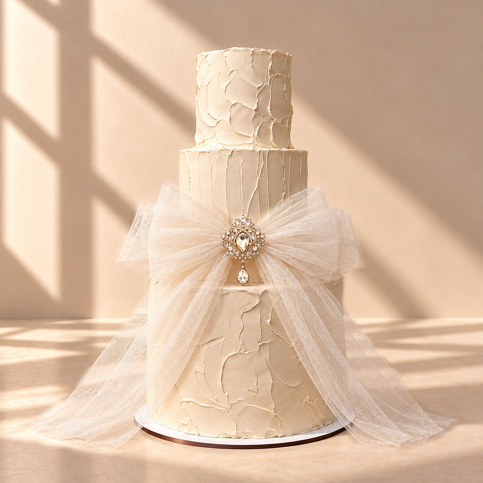 Wedding Deluxe, pastel de boda decorativo de tres pisos con acabado espatulado en tono crudo, lazo de tul blanco y broche