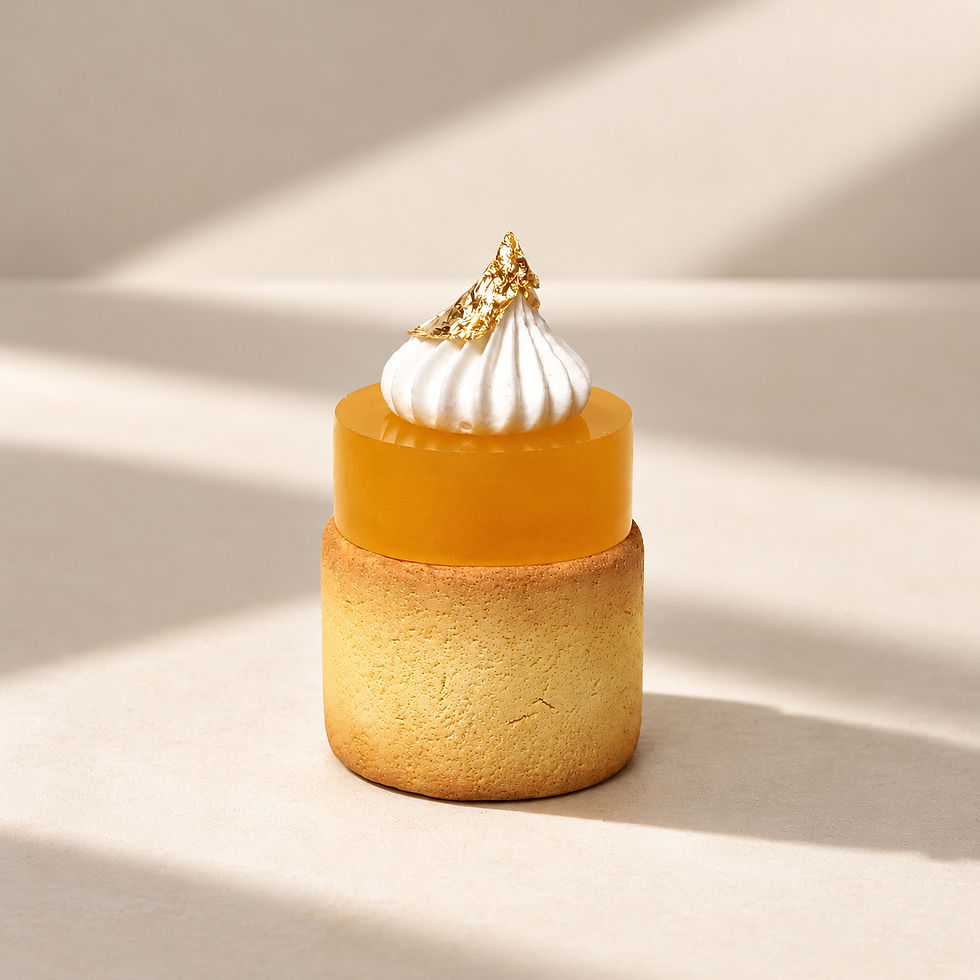 Mango Crown Delight fake dessert artesanal con efecto mango y pan de oro