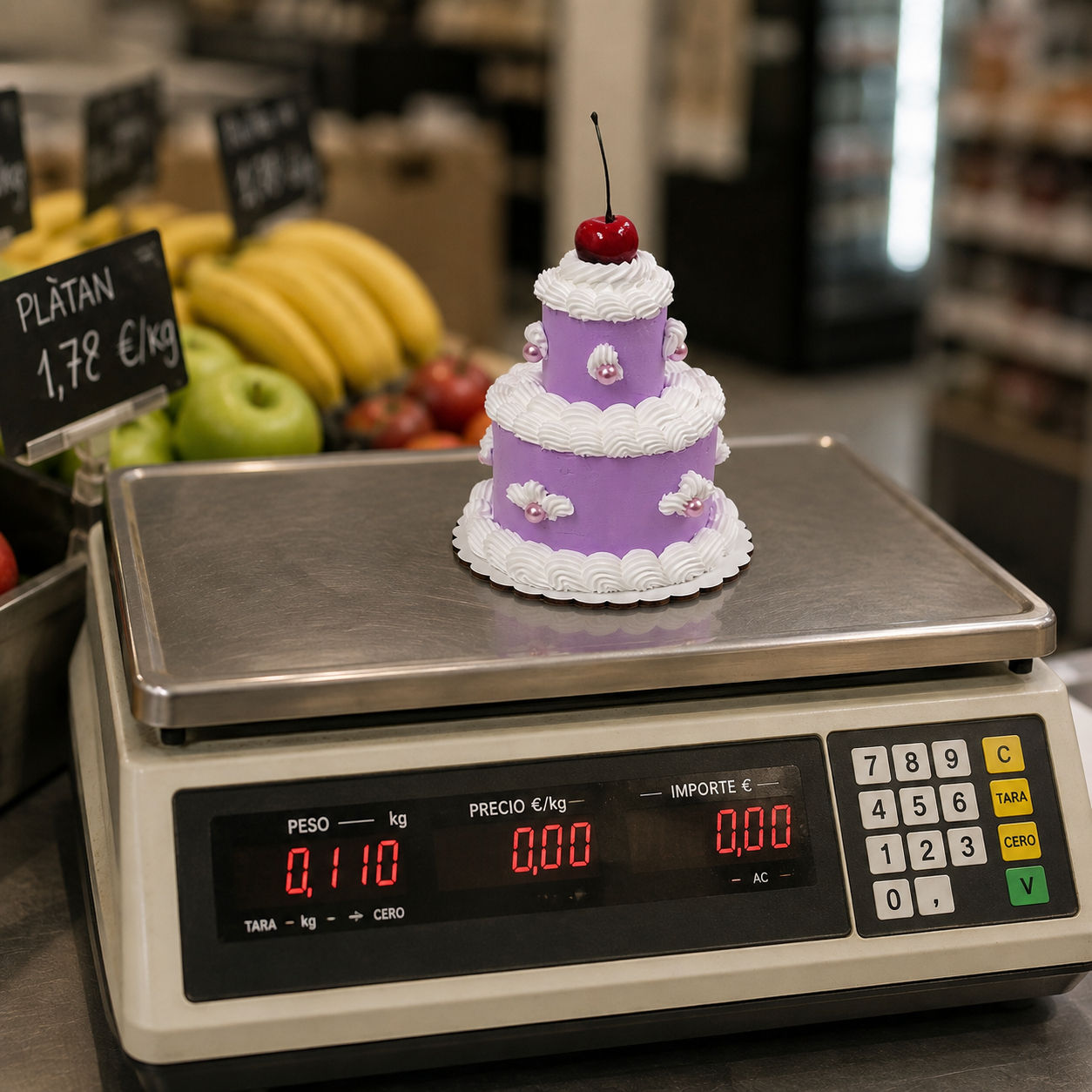 Mini fake cake Cherry Delight Lilac colocado sobre una báscula de supermercado marcando 110 gramos, junto a una sección de fr