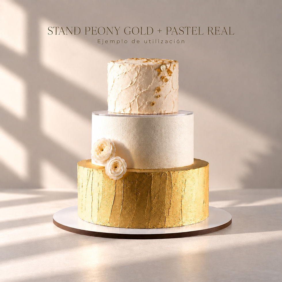 Stand Peony Gold con pastel real pequeño como tercer piso – ejemplo de utilización