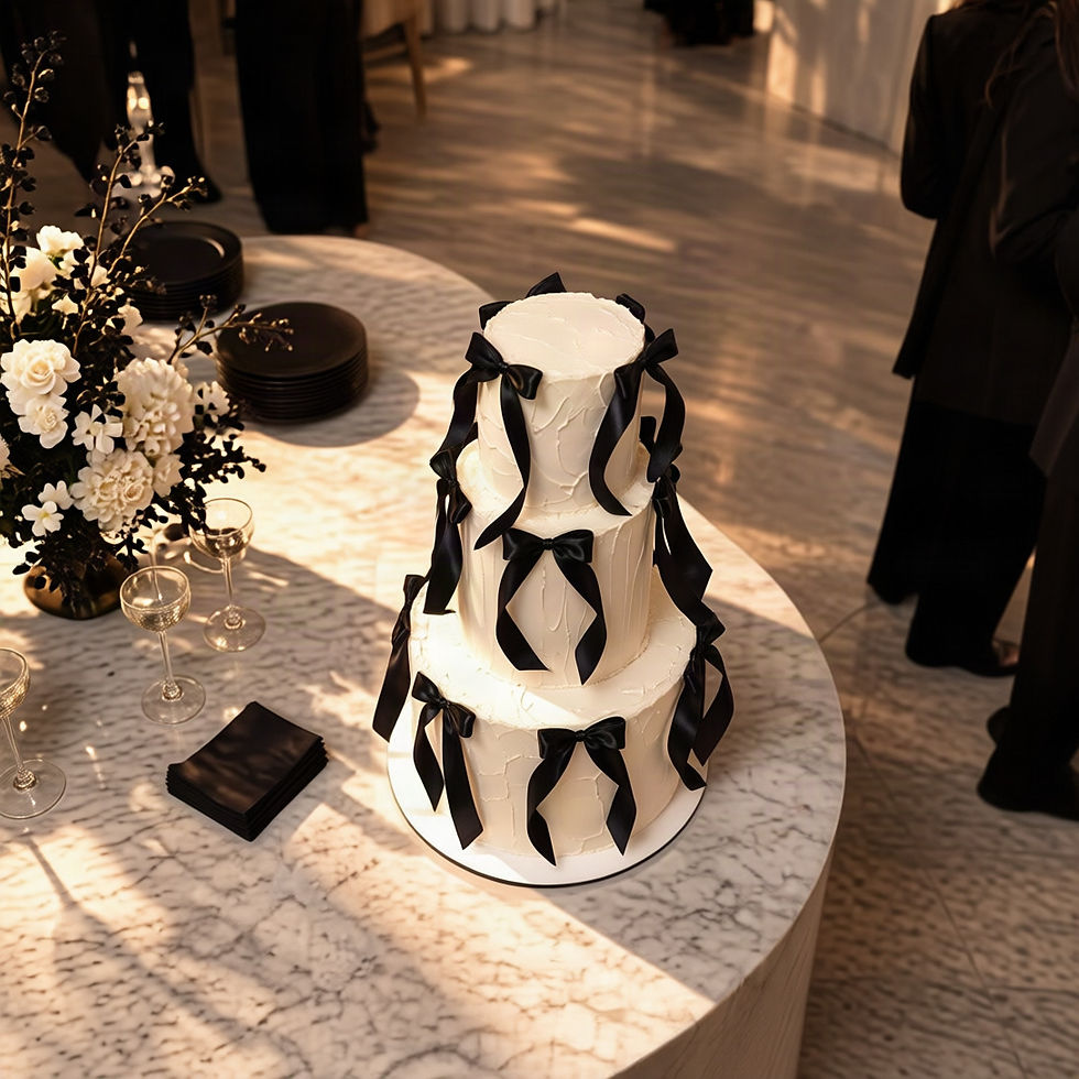Miniatura: Noir Coquette, tarta decorativa de tres pisos con lazos de satén negro, integrada en una escena de celebración