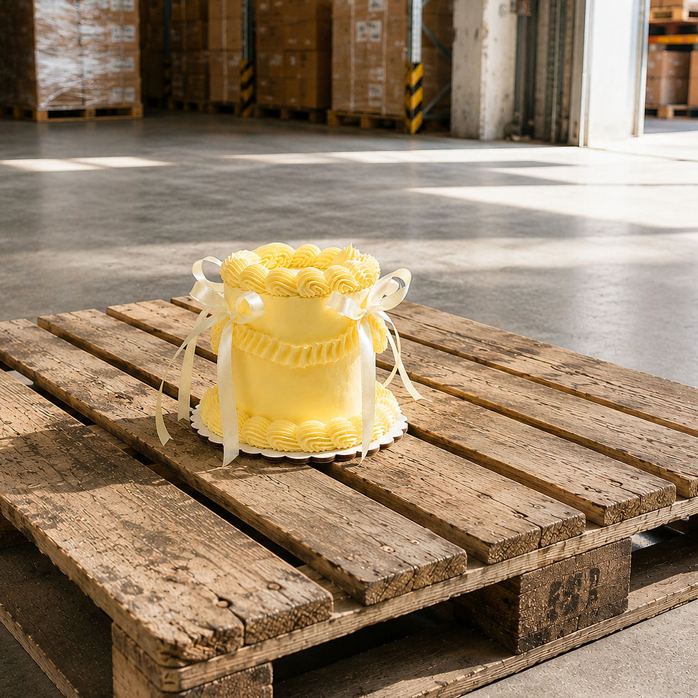 Fake cake Limoncello Coquette sobre un palé de madera en un almacén industrial, contraste entre la delicadeza del pastel y un